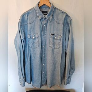 Vintage Denim Wrangler Pearl Snap Western Long Sleeve Shirt 2X Tall 2XL T 2XLT